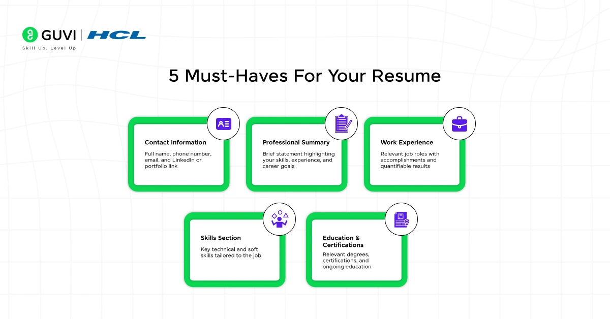 Infographic titled '5 Must-Haves for Your Resume,' featuring Contact Information, Professional Summary, Work Experience, Skills Section, and Education & Certifications.